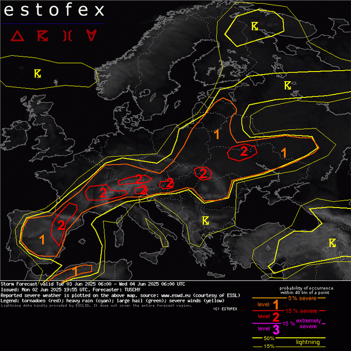 Az Estofex figyelmeztető előrejelzése mára | Forrás: Estofex.org