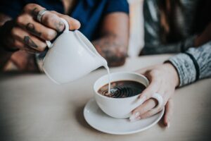 coffee, milk, hands, pour, pouring, coffee cup, caffeine, ceramics, cup, drink, mug, people, couple, man, woman, brewed coffee, coffee break, morning coffee