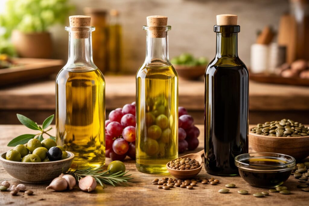 Étolajok harca a konyhában: olívaolaj, szőlőmagolaj vagy tökmagolaj — melyik a legegészségesebb?